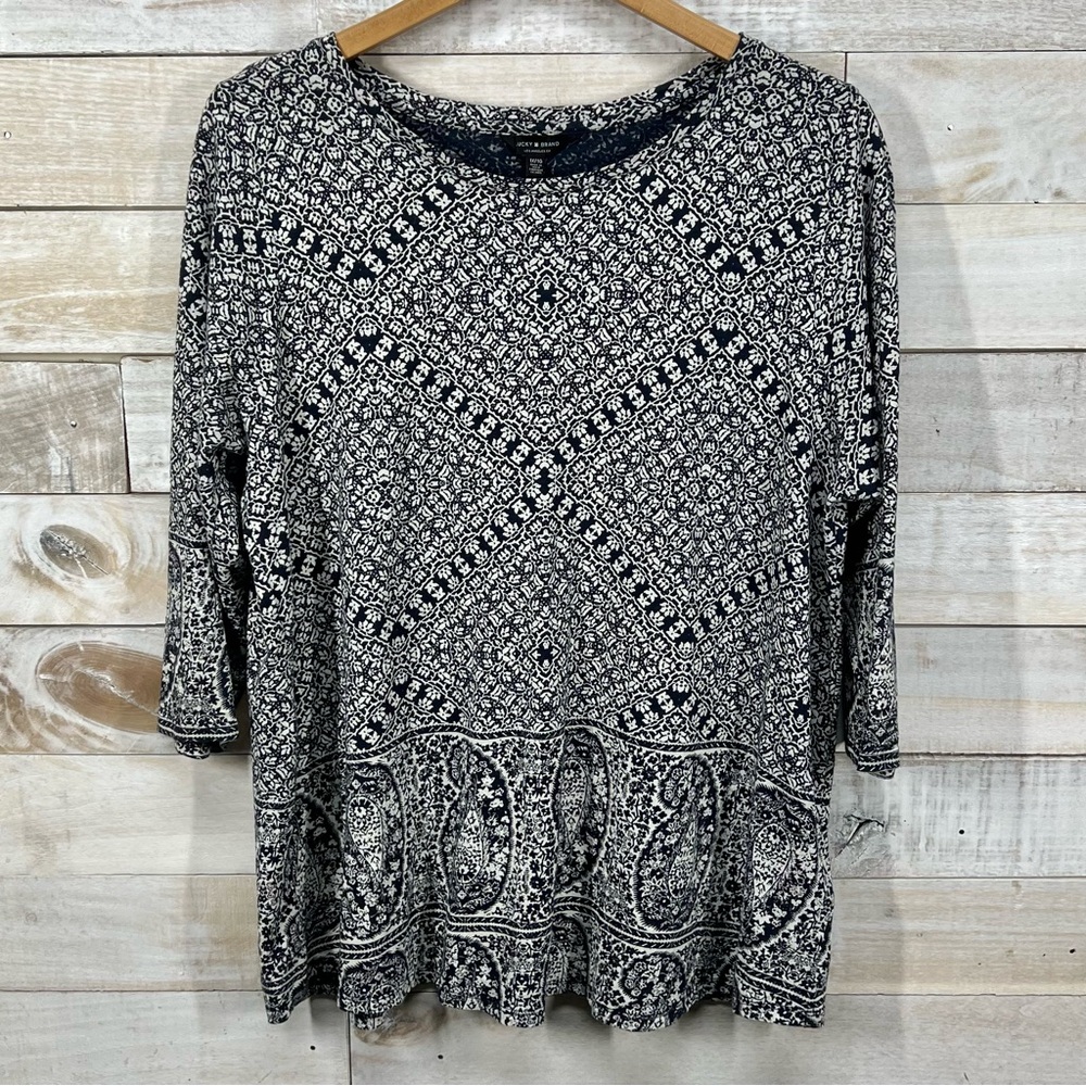 Lucky Brand Top Shirt Womens‎ 1X Black Paisley 3/4 Sleeve Round Neck Casual Boho
